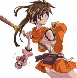Rule 34 | 1girl, ass, bottomless, brown eyes, brown hair, eating, elf, food, monkey, no panties, nowa (queen&#039;s blade), pointy ears, queen&#039;s blade, ruu (queen&#039;s blade), simple background, skirt, solo, staff, twintails, white background