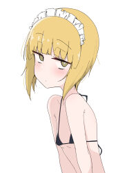 Rule 34 | 1girl, ame (amechan17391739), bikini, black bikini, blonde hair, breasts, closed mouth, collarbone, cutlass (girls und panzer), girls und panzer, highres, looking at viewer, maid headdress, short hair, simple background, small breasts, solo, swimsuit, upper body, white background, yellow eyes
