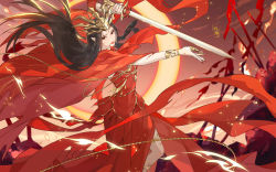 Rule 34 | 1girl, absurdres, artist request, black hair, blood, blood on face, cai lin (doupo cangqiong), cape, doupo cangqiong, dress, embers, expressionless, fire, hair ornament, highres, holding, holding sword, holding weapon, long hair, nail polish, pointy ears, red dress, red eyes, red nails, second-party source, solo, sword, upper body, weapon