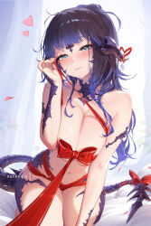 1girl au_ra blue_eyes blue_hair blush breasts cleavage closed_mouth commentary_request final_fantasy final_fantasy_xiv hand_up heart horns large_breasts long_hair looking_at_viewer mitsu_(mitsu_art) naked_ribbon navel patreon_username red_ribbon ribbon smile solo tail thighs