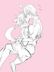 Rule 34 | 1boy, 1girl, age difference, animal ears, arc system works, blazblue, blush, boy on top, breast press, breasts, child, dog ears, dog tail, closed eyes, gender request, genderswap, hazama, hetero, kaneaki mukku, kemonomimi mode, kiss, large breasts, monochrome, ragna the bloodedge, short hair, sitting, sitting on lap, sitting on person, sketch, tail, aged down
