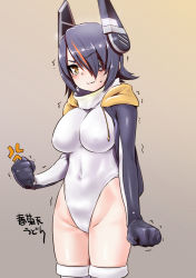 Rule 34 | 10s, 1girl, anger vein, angry, blush, breasts, clenched hands, cosplay, covered navel, embarrassed, emperor penguin (kemono friends), emperor penguin (kemono friends) (cosplay), eyepatch, hair over one eye, headgear, headphones, highleg, highleg leotard, hood, hoodie, kantai collection, kemono friends, large breasts, leotard, looking at viewer, multicolored hair, red hair, short hair, shungikuten, solo, streaked hair, tenryuu (kancolle), thighhighs, thighs, trembling, two-tone hair, white leotard, white thighhighs