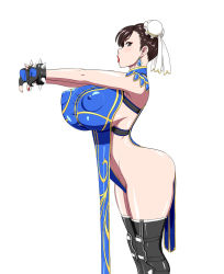 Rule 34 | 1girl, ass, bracelet, breasts, capcom, china dress, chinese clothes, chun-li, covered erect nipples, double bun, dress, earrings, hair bun, huge breasts, jewelry, lipstick, makeup, ml, outstretched arms, pelvic curtain, puffy areolae, shiny skin, sideboob, sideless outfit, solo, spiked bracelet, spikes, street fighter, taut clothes, thighhighs