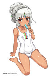 Rule 34 | 1girl, altera (fate), altera larva (fate), blunt bangs, dark-skinned female, dark skin, eating, fate/extella, fate/extra, fate (series), flat chest, food, kouzuki tsubasa (musou kaidou), looking at viewer, one-piece swimsuit, popsicle, red eyes, short hair, simple background, sitting, solo, swimsuit, twitter username, wariza, white background, white hair, white one-piece swimsuit