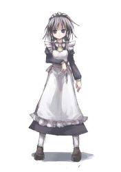 Rule 34 | 1girl, apron, ascot, between fingers, blue dress, blush, braid, dress, female focus, frown, full body, gatau, grey eyes, grey hair, holding, izayoi sakuya, knife, legs apart, loafers, looking away, maid, maid apron, maid headdress, shoes, short hair, simple background, solo, standing, straight hair, thighhighs, throwing knife, touhou, twin braids, weapon, white background, white thighhighs