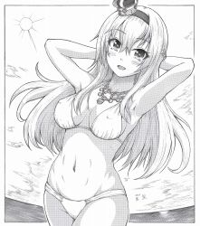 Rule 34 | 1girl, alternate costume, armpits, arms behind head, artist name, breasts, cleavage, crop top, dated, greyscale, h2 (h20000000), headband, jewelry, kantai collection, large breasts, long hair, looking at viewer, monochrome, navel, necklace, open mouth, outdoors, smile, solo, traditional media, very long hair, warspite (kancolle)