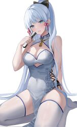 Rule 34 | 1girl, ayaka (genshin impact), bare shoulders, blue eyes, blunt bangs, bow, breasts, china dress, chinese clothes, cleavage, covered navel, dress, folding fan, genshin impact, hair bow, hair ribbon, hand fan, hand up, high ponytail, highres, holding, holding fan, kneeling, long hair, medium breasts, mole, mole under eye, o cha (seyc3447), parted lips, pelvic curtain, ribbon, side slit, sidelocks, solo, tassel, thighhighs, thighs, tress ribbon, very long hair, white hair, white thighhighs