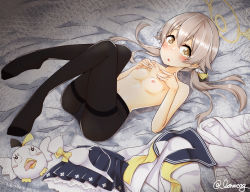 Rule 34 | 1girl, bed, blue archive, blush, breasts, collarbone, commentary request, full body, halo, hifumi (blue archive), highres, light brown hair, low twintails, navel, panties, panties under pantyhose, pantyhose, peroro (blue archive), shiki hicage, signature, small breasts, solo, twintails, underwear, yellow eyes