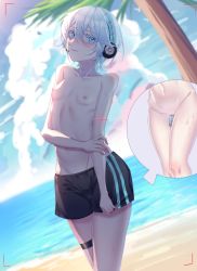 Rule 34 | 1girl, artist request, beach, black male swimwear, black swim trunks, blue eyes, blue sky, blurry, blurry background, blush, breasts, cleft of venus, closed mouth, cloud, cloudy sky, day, embarrassed, female focus, headphones, highres, inset, looking at viewer, male swimwear, male swimwear challenge, multiple views, navel, nipples, object insertion, ocean, one-piece swimsuit, outdoors, palm tree, pussy, pussy juice, sand, short hair, sky, small breasts, solo, standing, striped clothes, striped male swimwear, striped one-piece swimsuit, striped swim trunks, sunlight, sweat, sweatdrop, swim trunks, swimsuit, taking picture, topless, tree, vaginal, vaginal object insertion, vertical-striped clothes, vertical-striped male swimwear, vertical-striped one-piece swimsuit, vocaloid, water, white hair, yanhe