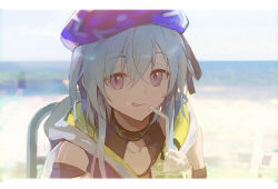 Rule 34 | 1boy, :p, androgynous, arknights, bare shoulders, beach, beret, black ribbon, black shirt, blue cloak, blue hair, blue hat, blurry, blurry background, choker, cloak, closed mouth, commentary request, cup, drinking straw, eyebrows hidden by hair, gradient hair, hair between eyes, hat, highres, hood, hood down, hooded cloak, infection monitor (arknights), letterboxed, looking at viewer, male focus, mizuki (arknights), multicolored hair, neckerchief, outdoors, pink eyes, purple hair, red eyes, ribbon, shirt, short hair with long locks, shusuzu, sidelocks, sleeveless, sleeveless shirt, smile, solo, tongue, tongue out, trap, upper body, white cloak