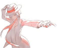 Rule 34 | 1boy, fedora, foreshortening, formal, hair over one eye, hat, kaito (vocaloid), male focus, milycat, necktie, rythm kaitou, simple background, sketch, solo, suit, vocaloid