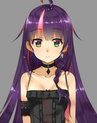 Rule 34 | 1girl, ahoge, breasts, choker, corset, cross, earrings, eyebrows, gothic lolita, green eyes, grey background, heterochromia, highres, isshiki (ffmania7), jewelry, lolita fashion, long hair, looking at viewer, multicolored hair, original, pink hair, purple hair, simple background, sleeveless, small breasts, smile, solo, streaked hair, yellow eyes
