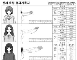 Rule 34 | 3girls, chart, closed mouth, collared shirt, drawstring, erection, female pubic hair, futanari, greyscale, grin, hood, hood down, hoodie, korean text, large penis, long hair, looking at viewer, measurements, minishell, monochrome, multiple girls, necktie, original, penis, penis chart, penis comparison, penis size comparison, pubic hair, ruler, school, shirt, short hair, smile, testicles, translated, uncensored, veins, veiny penis, vest