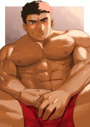 Rule 34 | 1boy, abs, absurdres, bara, blush, brown hair, bulge, covering privates, covering crotch, feet out of frame, highres, large pectorals, looking at viewer, male focus, male underwear, muscular, muscular male, navel, nipples, original, pectorals, red male underwear, saikorodekimeru, short hair, sideburns, solo, spread legs, stomach, sweatdrop, thick thighs, thighs, topless male, underwear, underwear only