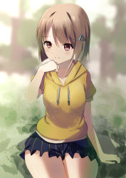 Rule 34 | 1girl, artist name, artist request, bare legs, blurry, blurry background, blush, breasts, brown hair, collarbone, drawstring, female focus, grass, green pants, green shorts, grey hair, hair ornament, hairclip, highres, hood, hoodie, jacket, light brown hair, looking at viewer, love live!, love live! nijigasaki high school idol club, love live! school idol festival, medium breasts, nakasu kasumi, on grass, pants, parted lips, pink eyes, pink wristband, purple eyes, short hair, short shorts, short sleeves, shorts, sitting, smile, solo, striped clothes, striped shorts, triangle hair ornament, vertical-striped clothes, vertical-striped shorts, yellow hoodie, yellow jacket