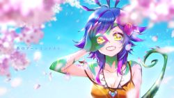 Rule 34 | 1girl, aoi (kiyokiyoaomushi), bare shoulders, blue hair, blurry, blurry foreground, breasts, cleavage, collarbone, colored skin, fang, flower, green background, green skin, grin, hair flower, hair ornament, hand up, highres, jewelry, large breasts, league of legends, medium hair, necklace, neeko (league of legends), petals, pink flower, pink hair, smile, solo, tail, teeth, upper body, yellow eyes