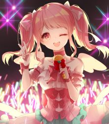 Rule 34 | 10s, 1girl, angel wings, bang dream!, bare shoulders, blush, bow, choker, collarbone, dress, hair bow, holding, holding microphone, looking at viewer, maruyama aya, medium hair, microphone, one eye closed, open mouth, pompitz, red bow, red ribbon, ribbon, smile, solo, twintails, upper body, v, white bow, wings