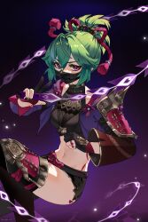 Rule 34 | 1girl, armor, artist name, black gloves, black shirt, black shorts, commentary, covered mouth, crop top, cropped jacket, feet out of frame, flower knot, from side, genshin impact, gloves, green hair, hair between eyes, highres, holding, holding weapon, jacket, japanese armor, jewelry, knee up, kuki shinobu, leg armor, looking at viewer, mask, midriff, mouth mask, navel, ninja mask, open clothes, open jacket, partially fingerless gloves, ponytail, purple background, purple eyes, purple jacket, ring, salute, shirt, short hair, short shorts, shorts, shoulder armor, signature, sode, solo, symbol-only commentary, two-finger salute, weapon, zhaoshao wan harita