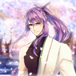 Rule 34 | 1boy, bandaged arm, bandages, bishounen, black shirt, blurry, blurry background, cherry blossoms, collarbone, commentary, hair ornament, hair stick, highres, kamui gakupo, long hair, looking at viewer, male focus, outdoors, petals, ponytail, purple eyes, purple hair, robe, shirt, sidelocks, sleeveless, sleeveless turtleneck, smile, solo, turtleneck, upper body, vocaloid, white robe, yen-mi