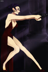 Rule 34 | 1girl, absurdres, breasts, cowboy bebop, dress, earrings, faye valentine, green eyes, gun, highres, holding, holding gun, holding weapon, jewelry, lipstick, makeup, medium breasts, nail polish, onirx, purple hair, red dress, red footwear, scene reference, solo, weapon