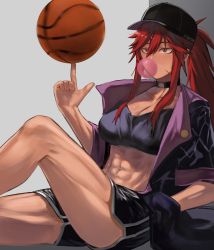 Rule 34 | 1girl, abs, ball, basketball, basketball (object), breasts, brown eyes, chewing gum, choker, cleavage, dark-skinned female, dark skin, gym shorts, hand in pocket, hat, hunyan, large breasts, long hair, muscular, muscular female, original, ponytail, red hair, scar, scar on face, shorts, sitting, solo, thighs, toned