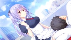 Rule 34 | 1girl, absurdres, ahoge, apron, blush, breasts, closed mouth, cloud, day, detached collar, frills, game cg, hand up, head between legs, highres, large breasts, legs, light blush, looking away, lying, maid, necktie, nekonyan, original, outdoors, purple hair, red eyes, sitting, sky, solo focus, thighhighs, thighs, tonari ni kanojo no iru shiawase ~summer surprise~, twintails, uryuu koume, white thighhighs, wrist cuffs