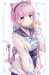 Rule 34 | 1girl, absurdres, ahoge, anchor print, anchor symbol, animal ear fluff, animal ears, aqua hair, blue hair, blunt bangs, blush, bow, braid, breasts, cat ears, cat girl, cat tail, closed mouth, collarbone, colored inner hair, hairband, hand up, highres, hololive, long hair, looking at viewer, medium breasts, minato aqua, minato aqua (sailor), multicolored hair, paw pose, pink tail, pout, purple eyes, purple hair, ribbon, sidelocks, solo, streaked hair, tail, tail ornament, tail raised, tail ribbon, twin braids, twintails, two-tone hair, virtual youtuber, zky (oekaky)