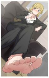 Rule 34 | 1girl, aomoro, armchair, barefoot, black pants, blonde hair, blue eyes, blush, breasts, chair, character request, cleavage, copyright request, crossed legs, feet, foot focus, highres, medium breasts, office lady, pants, presenting foot, sitting, smile, soles, solo, toes