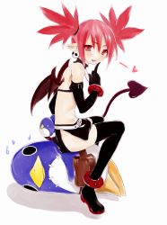 Rule 34 | 1girl, bad id, bad pixiv id, bat wings, blush, bra, demon girl, disgaea, elbow gloves, etna (disgaea), finger to mouth, flat chest, gloves, heart, highres, lingerie, nippon ichi, open mouth, po. (medamaoyazi), pointy ears, prinny, red eyes, red hair, sitting, skirt, smile, solo, sweatdrop, tail, thighhighs, twintails, underwear, wings