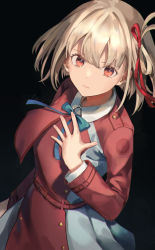 Rule 34 | 1girl, :|, absurdres, belt, black background, blonde hair, blue ribbon, breasts, closed mouth, erulusyro, from above, grey skirt, hair between eyes, hair ribbon, hand on own chest, highres, jacket, large breasts, looking at viewer, lycoris recoil, nishikigi chisato, one side up, red belt, red eyes, red jacket, red ribbon, red skirt, ribbon, short hair, skirt, solo, two-tone skirt, upper body