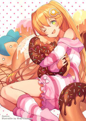 Rule 34 | 1girl, amiami (company), amico, blush, brown hair, doughnut, food, gradient hair, green eyes, hair ornament, highres, holding, lilco, long hair, long sleeves, looking at viewer, multicolored hair, off shoulder, official art, one eye closed, open mouth, orange eyes, polka dot, polka dot background, shorts, simple background, socks, solo, striped clothes, striped shorts, striped socks, very long hair, yumekui