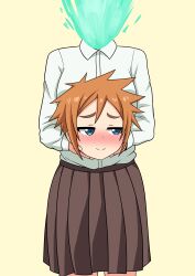 Rule 34 | absurdres, blue eyes, blush, brown hair, brown skirt, collared shirt, commentary, cowboy shot, demi-chan wa kataritai, disembodied head, dress shirt, dullahan, fire, green fire, headless, highres, holding head, jitome, long sleeves, looking to the side, machi kyouko, pleated skirt, shirt, simple background, skirt, smile, spiked hair, straight-on, the only shoe, variant set, white shirt, wing collar, yellow background