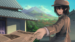 Rule 34 | 1girl, akaiha (akaihasugk), bag, black hair, brown bag, brown hat, brown jacket, buttons, cabbie hat, collared shirt, commentary request, flat cap, happy, hat, highres, holding, holding newspaper, jacket, long sleeves, looking at viewer, messenger bag, mountain, necktie, newspaper, no wings, open mouth, pointy ears, red eyes, red necktie, shameimaru aya, shameimaru aya (newsboy), shirt, short hair, shoulder bag, solo, suit jacket, touhou, upper body, white shirt