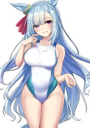 Rule 34 | 1girl, animal ears, blue hair, blush, breasts, collarbone, commentary request, competition swimsuit, groin, herohero (higashi no dou), highres, horse ears, horse tail, large breasts, long hair, looking at viewer, mejiro ardan (umamusume), one-piece swimsuit, purple eyes, simple background, smile, solo, swimsuit, tail, umamusume, white background