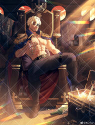 Rule 34 | 1boy, abs, bara, bara pirate, bare pectorals, beard, blonde hair, chair, coat, coat on shoulders, commission, epaulettes, eyepatch, facial hair, highres, jewelry, knee up, kotakun, large pectorals, looking at viewer, male focus, muscular, muscular male, nipples, original, pectorals, pirate, scar, scar on chest, short hair, sideburns, sitting, skull print, smile, solo, stomach, treasure chest, watermark