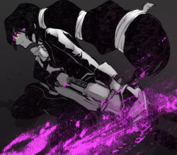 Rule 34 | #compass, 1girl, big hair, black hair, blood, blood splatter, bound hair, bow, chainsaw, character request, colored blood, copyright request, dark, glasses, grey background, highres, long hair, multi-tied hair, over-rim eyewear, parted lips, pink-framed eyewear, poaro, purple-framed eyewear, purple blood, red eyes, semi-rimless eyewear, simple background, sketch, solo, spot color, texture, very long hair