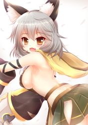 Rule 34 | 1girl, :d, animal ear fluff, animal ears, armpits, blush, breasts, capelet, cat ears, erune, fangs, granblue fantasy, grey hair, highres, hip vent, kane-neko, large breasts, looking to the side, medium hair, miniskirt, open mouth, sen (granblue fantasy), sideboob, skirt, smile, solo, upper body, white background, wide sleeves, yellow eyes