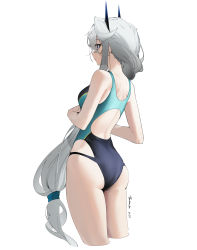 Rule 34 | 1girl, absurdres, back, blue eyes, braid, breasts, competition swimsuit, grey hair, highres, long hair, looking away, mark jin, one-piece swimsuit, original, simple background, solo, standing, swimsuit, white background