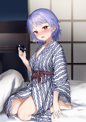 Rule 34 | 1girl, :d, barefoot, blush, commentary, fang, full body, futon, hand up, head tilt, indoors, japanese clothes, kimono, long sleeves, looking at viewer, night, nose blush, open mouth, original, pillow, print kimono, purple hair, railing, red eyes, sekiya asami, smile, soles, solo, sweat, symbol-only commentary, white kimono, wide sleeves