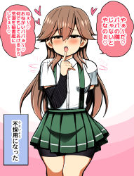 Rule 34 | 1girl, absurdres, arashio (kancolle), arm warmers, bike shorts, blush, brown eyes, brown hair, hand to own mouth, heart, highres, kantai collection, long hair, motion lines, open mouth, richou (zerozero1101), shirt, shorts, shorts under skirt, speech bubble, spoken heart, suspenders, translated, white shirt, wide hips
