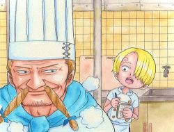 Rule 34 | 2boys, aged down, apron, baratie, blonde hair, chef, chef hat, child, east blue, facial hair, hair over one eye, hat, kitchen, lowres, male focus, multiple boys, mustache, notebook, one piece, pen, red-leg zeff, sanji (one piece), sink