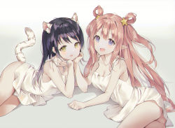 Rule 34 | 2girls, animal ears, black hair, breasts, brown hair, cha chya, dress, hair ornament, hair rings, hatsune (princess connect!), head rest, long hair, looking at viewer, lying, medium breasts, multiple girls, on side, open mouth, pointy ears, princess connect!, purple eyes, shiori (princess connect!), siblings, sisters, sleeveless, small breasts, smile, star (symbol), star hair ornament, tail, tiger ears, tiger tail, two side up, white dress, yellow eyes