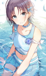 Rule 34 | 1girl, :o, absurdres, asakura toru, asymmetrical clothes, blue hair, blue shirt, blue skirt, blurry, blurry foreground, blush, collarbone, earrings, groin, hal ogura, highres, idolmaster, idolmaster shiny colors, jewelry, light purple hair, looking at viewer, parted bangs, partially submerged, shirt, short hair, skirt, solo, thigh strap, thighhighs, water drop