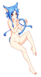 Rule 34 | 1girl, animal ears, barefoot, blue hair, brown eyes, cat ears, cat tail, feet, flat chest, long hair, nude, original, petite, simple background, solo, tail, toes, tsuki tokage