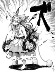 Rule 34 | 1girl, arms at sides, aura, bare arms, bare shoulders, barefoot, blunt bangs, bow, chain, commentary request, cube, cuffs, dress, fang, full body, greyscale, grin, hair bow, half-closed eyes, horn ornament, horn ribbon, horns, ibuki suika, koyubi (littlefinger1988), long hair, looking afar, low-tied long hair, monochrome, oni, orb, pyramid (geometry), ribbon, sleeveless, sleeveless dress, smile, solo, teeth, toes, touhou, very long hair, walking