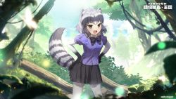 Rule 34 | 1girl, animal ears, black hair, black skirt, blurry, blurry foreground, bodystocking, bow, bowtie, breast pocket, brown eyes, common raccoon (kemono friends), copyright name, copyright notice, day, fang, full body, fur collar, gradient clothes, grey hair, hands on own hips, highres, kemono friends, kemono friends kingdom, layered sleeves, leaning forward, long sleeves, looking at viewer, medium hair, miniskirt, multicolored hair, official art, open mouth, outdoors, plant, pleated skirt, pocket, purple shirt, raccoon ears, raccoon girl, raccoon tail, river, shirt, shoes, short over long sleeves, short sleeves, skirt, smile, socks, solo, standing, striped tail, tail, tree, tsurime, v-shaped eyebrows, water, white hair