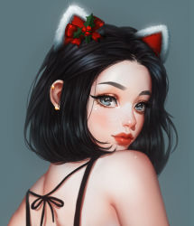 Rule 34 | 1girl, animal ears, back, bare shoulders, black eyes, black hair, bow, cat ears, christmas, ear piercing, earrings, eyelashes, fake animal ears, freckles, grey background, hair bow, highres, jewelry, lips, looking at viewer, looking back, original, piercing, portrait, red lips, rena illusion, short hair, simple background, solo