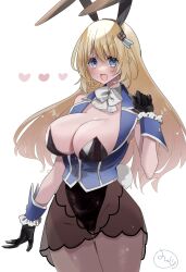 Rule 34 | 1girl, adapted costume, animal ears, atago (kancolle), black gloves, black leotard, blonde hair, blue eyes, breasts, brown pantyhose, fake animal ears, fake tail, gloves, green eyes, hair ornament, heart, highres, kantai collection, large breasts, leotard, long hair, mizoredama1, neckerchief, pantyhose, playboy bunny, rabbit ears, see-through, see-through skirt, simple background, skirt, solo, strapless, strapless leotard, tail, vest, white background, white neckerchief