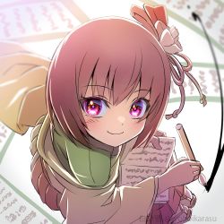 Rule 34 | 1girl, blurry, blurry background, blurry foreground, book, brown hair, depth of field, from above, hieda no akyuu, holding, holding pen, looking at viewer, paper, pen, shiroi karasu, smile, solo, touhou, window, writing