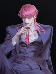 Rule 34 | 1boy, absurdres, aqua eyes, cheezeyoon3, collared shirt, ear piercing, expressionless, eyelashes, formal, hand on own chin, highres, jacket, knee up, leaning back, looking at viewer, male focus, necktie, open clothes, open jacket, pants, piercing, pink hair, pink necktie, purple jacket, purple pants, purple suit, purple vest, sanzu haruchiyo, scar, scar on face, shirt, simple background, sitting, suit, tokyo revengers, upper body, vest, white shirt, wolf cut